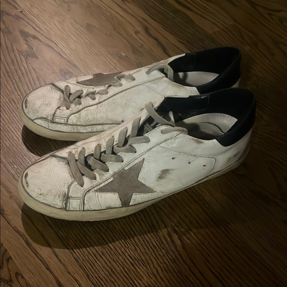 Golden Goose White and Gray Distressed Sneakers